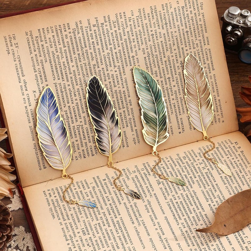 icceemee 4pcs Metal Feather Bookmarks with Pendant Elegant Bookmark Set for Book Lovers  Writers  Readers Durable Book Markers with English Inscriptions Unique Gifts for Men  Women  Students  Teacher - Image 1